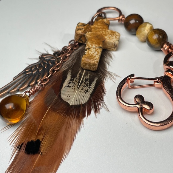 Earthy Tones Feather and Tigers Eye And Jasper Cross Keychain - Picture 2 of 8